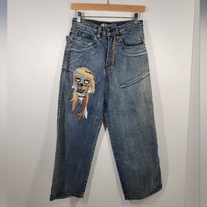 Y2K Focus 70 Blue Baggy Grunge Wide Leg Skull Embroider Jeans Youth 14 26x24 New